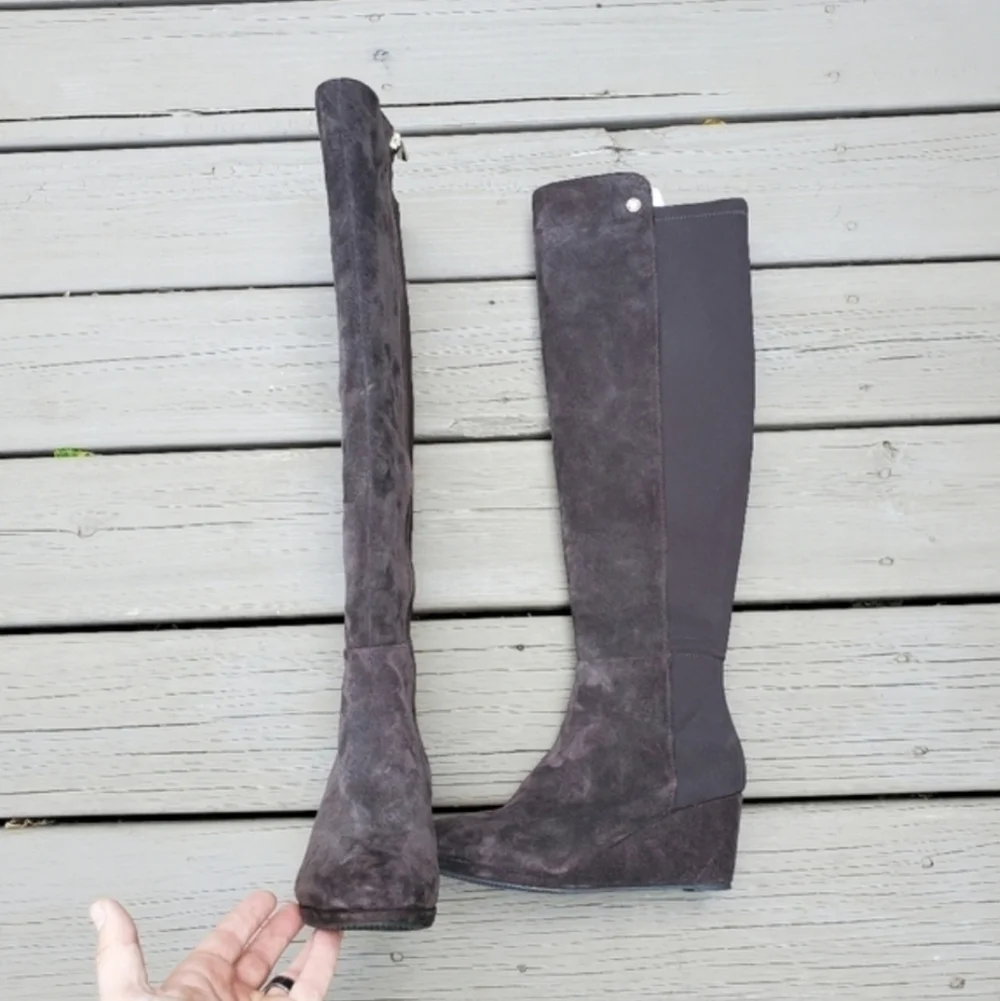 Vince Camuto Alexila Brown Suede Stretch Neoprene Over the Knee OTK Tall‎ Boots